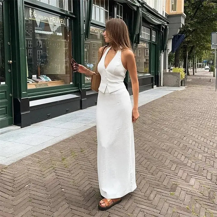 Cotton Linen Sleeveless Top and Long Skirt Ensemble
