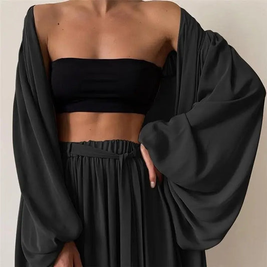 Solid Color Camisole Long Sleeve Jacket and Pants Set