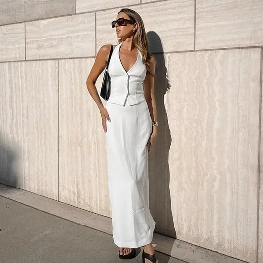 Cotton Linen Sleeveless Top and Long Skirt Ensemble