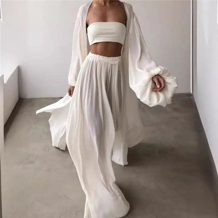 Solid Color Camisole Long Sleeve Jacket and Pants Set
