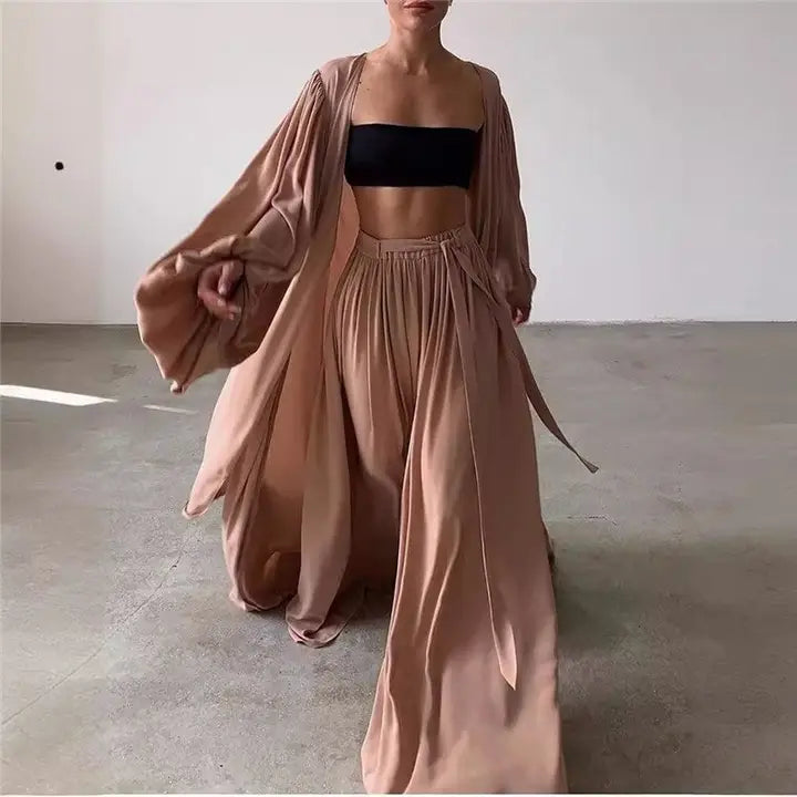 Solid Color Camisole Long Sleeve Jacket and Pants Set