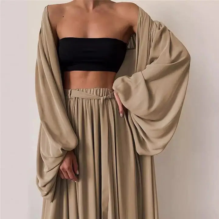 Solid Color Camisole Long Sleeve Jacket and Pants Set